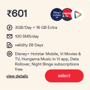 ₹601 (1Yr Disney+ Hotstar Mobile and 16GB Extra)